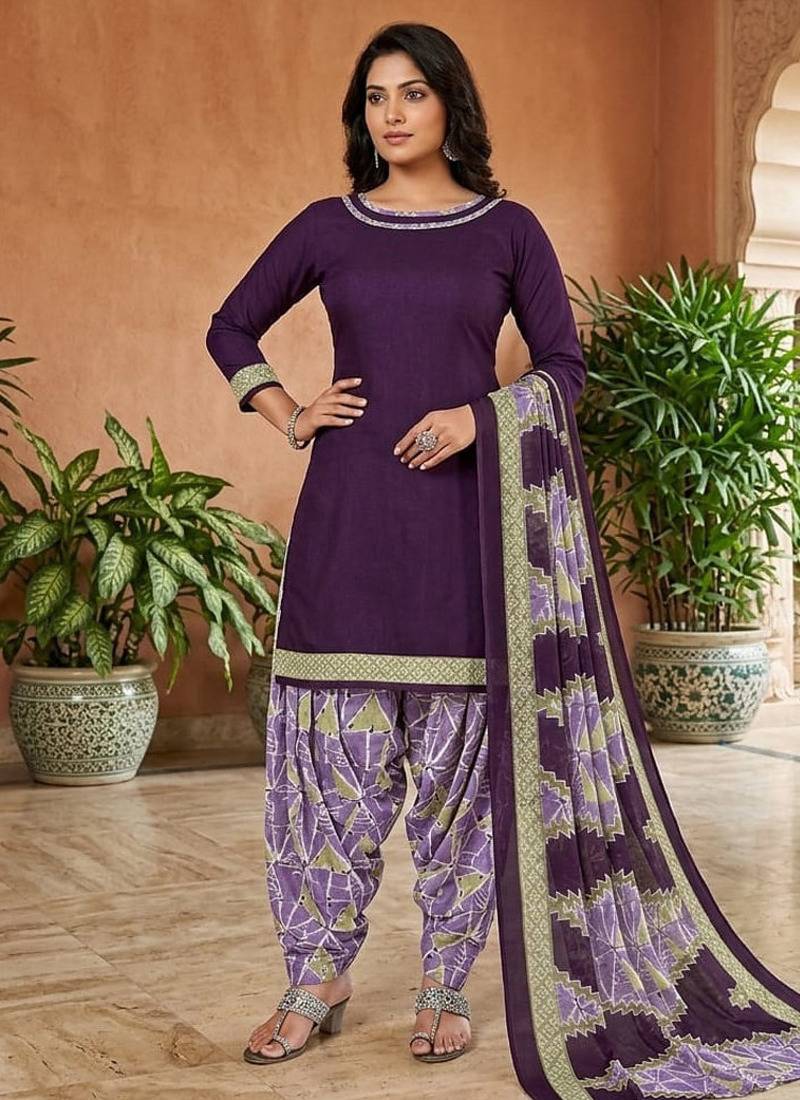 Purple printed cotton blend stitched solid print salwar kurta dupatta for women