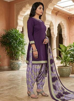 Purple printed cotton blend stitched solid print salwar kurta dupatta for women 2