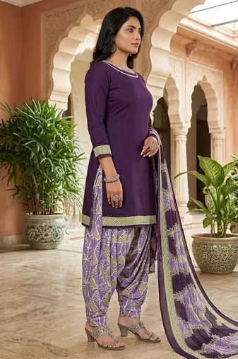 Purple printed cotton blend stitched solid print salwar kurta dupatta for women