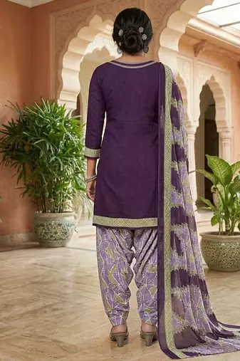 Purple printed cotton blend stitched solid print salwar kurta dupatta for women
