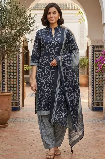 Blue printed cotton blend stitched geometric print salwar kurta dupatta for women