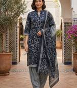 Blue printed cotton blend stitched geometric print salwar kurta dupatta for women