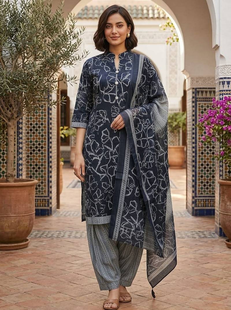 Blue printed cotton blend stitched geometric print salwar kurta dupatta for women