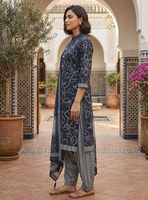 Blue printed cotton blend stitched geometric print salwar kurta dupatta for women 2