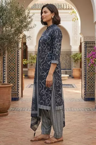 Blue printed cotton blend stitched geometric print salwar kurta dupatta for women