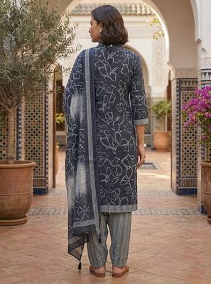 Blue printed cotton blend stitched geometric print salwar kurta dupatta for women 3