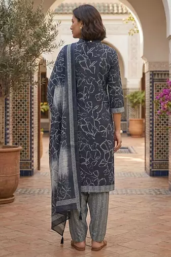 Blue printed cotton blend stitched geometric print salwar kurta dupatta for women