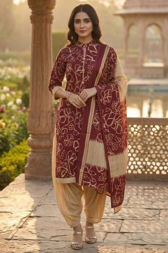 Red printed cotton blend stitched geometric print salwar kurta dupatta for women