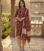 Red printed cotton blend stitched geometric print salwar kurta dupatta for women