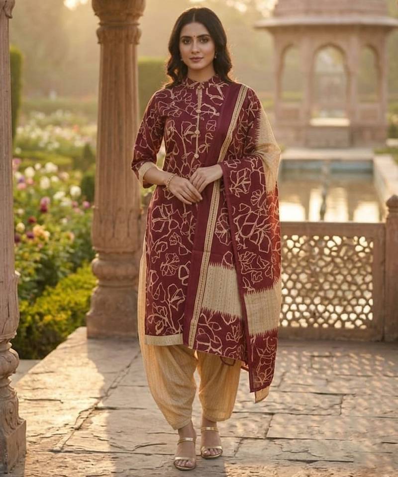 Red printed cotton blend stitched geometric print salwar kurta dupatta for women