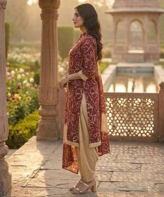 Red printed cotton blend stitched geometric print salwar kurta dupatta for women 2