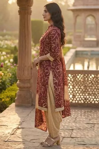 Red printed cotton blend stitched geometric print salwar kurta dupatta for women