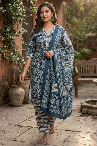 Teal printed cotton blend stitched floral print salwar kurta dupatta for women