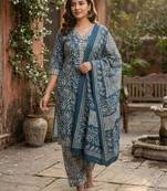 Teal printed cotton blend stitched floral print salwar kurta dupatta for women