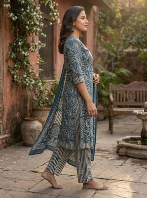 Teal printed cotton blend stitched floral print salwar kurta dupatta for women 2