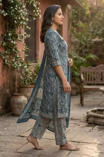 Teal printed cotton blend stitched floral print salwar kurta dupatta for women