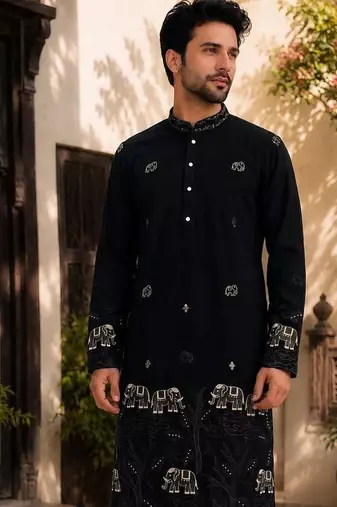 Black lachko embroidery party wear kurta and payjama