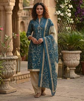 Teal printed cotton blend stitched geometric print salwar kurta dupatta for women 1