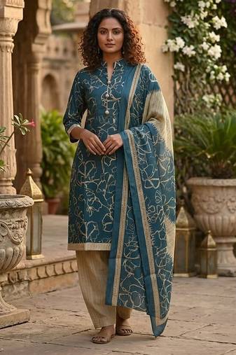 Teal printed cotton blend stitched geometric print salwar kurta dupatta for women