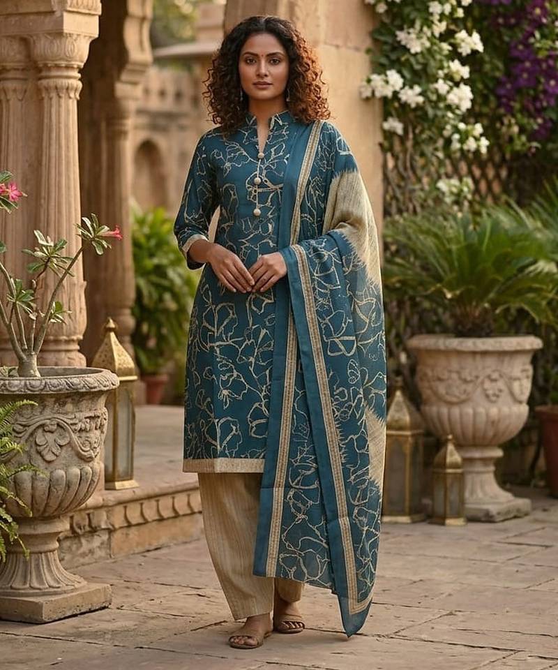 Teal printed cotton blend stitched geometric print salwar kurta dupatta for women