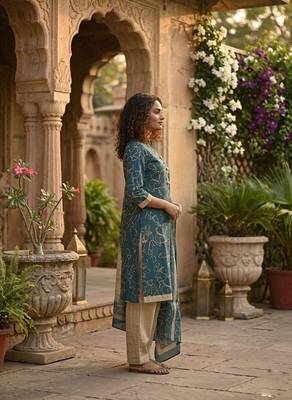 Teal printed cotton blend stitched geometric print salwar kurta dupatta for women 2