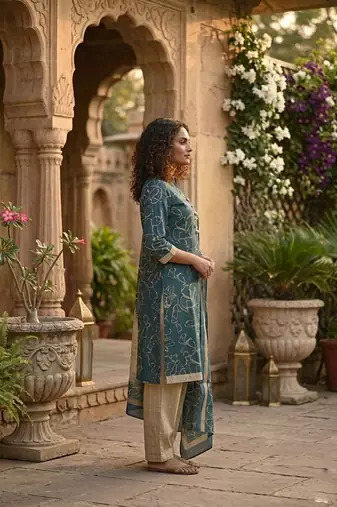 Teal printed cotton blend stitched geometric print salwar kurta dupatta for women