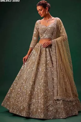Beige net heavily embroidered royal bridal reception lehenga choli set