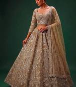 Beige net heavily embroidered royal bridal reception lehenga choli set