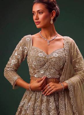 Beige net heavily embroidered royal bridal reception lehenga choli set 4