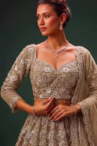 Beige net heavily embroidered royal bridal reception lehenga choli set