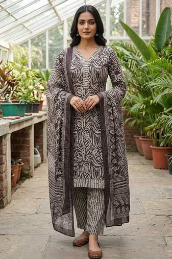 Purple printed cotton blend stitched floral print salwar kurta dupatta for women