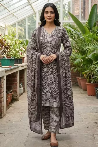 Purple printed cotton blend stitched floral print salwar kurta dupatta for women