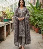 Purple printed cotton blend stitched floral print salwar kurta dupatta for women