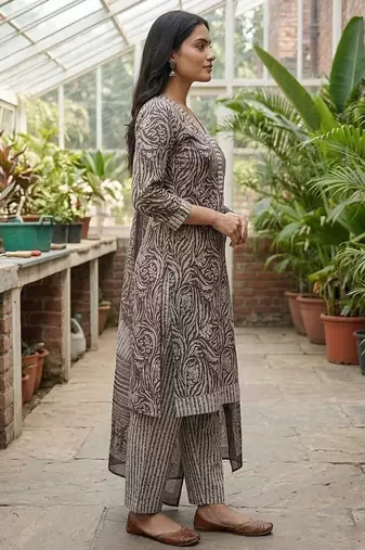 Purple printed cotton blend stitched floral print salwar kurta dupatta for women