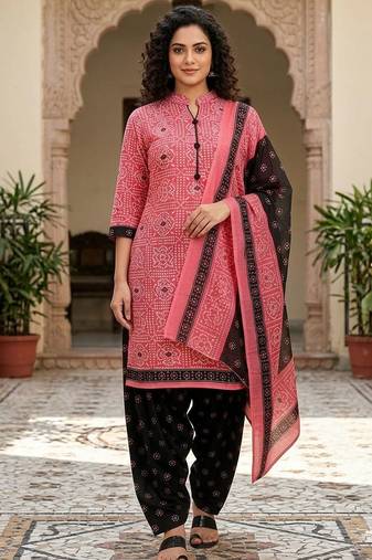 Pink printed cotton blend stitched geometric print salwar kurta dupatta for women