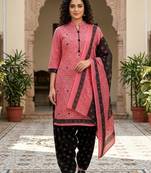 Pink printed cotton blend stitched geometric print salwar kurta dupatta for women