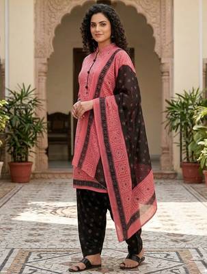 Pink printed cotton blend stitched geometric print salwar kurta dupatta for women 2