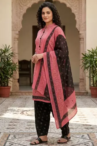 Pink printed cotton blend stitched geometric print salwar kurta dupatta for women