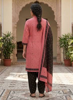 Pink printed cotton blend stitched geometric print salwar kurta dupatta for women 3
