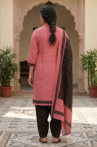 Pink printed cotton blend stitched geometric print salwar kurta dupatta for women