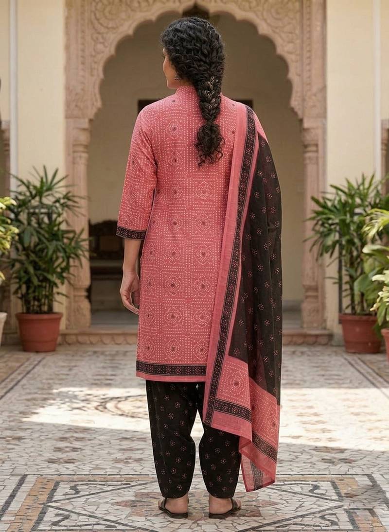 Pink printed cotton blend stitched geometric print salwar kurta dupatta for women