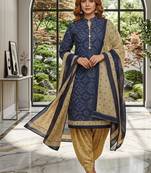 Blue printed cotton blend stitched ethnic motif print salwar kurta dupatta for women