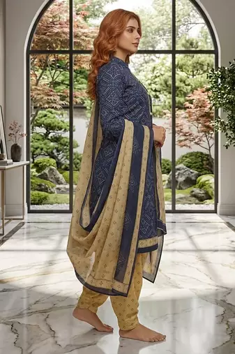 Blue printed cotton blend stitched ethnic motif print salwar kurta dupatta for women