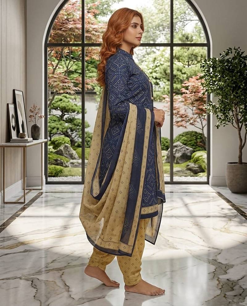 Blue printed cotton blend stitched ethnic motif print salwar kurta dupatta for women