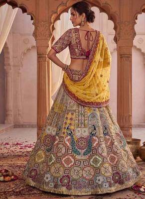 Off-white silk blend embroidered multi-color bridal lehenga choli set 3