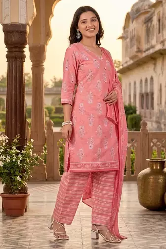 Peach printed cotton blend stitched ethnic motif print salwar kurta dupatta for women