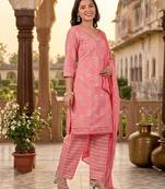Peach printed cotton blend stitched ethnic motif print salwar kurta dupatta for women