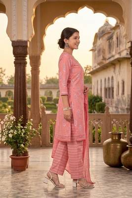 Peach printed cotton blend stitched ethnic motif print salwar kurta dupatta for women 2