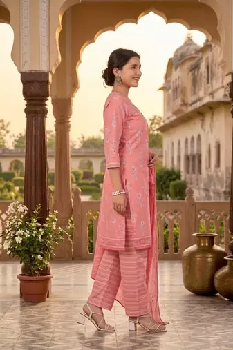 Peach printed cotton blend stitched ethnic motif print salwar kurta dupatta for women
