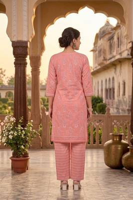 Peach printed cotton blend stitched ethnic motif print salwar kurta dupatta for women 3